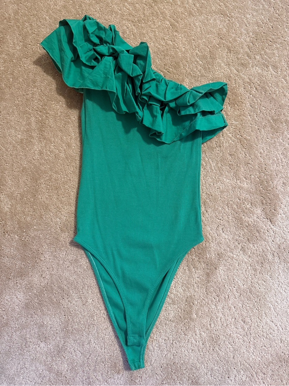 Zara Emerald Green Ribbed One-Shoulder Top